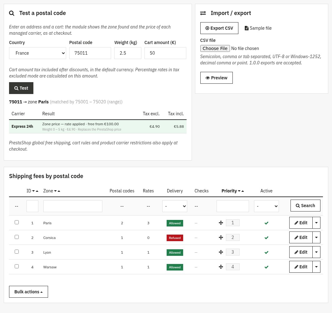 Back office: the tester finds the Paris zone for 75011 and shows the price tax excluded and included, next to the CSV import and the zone list