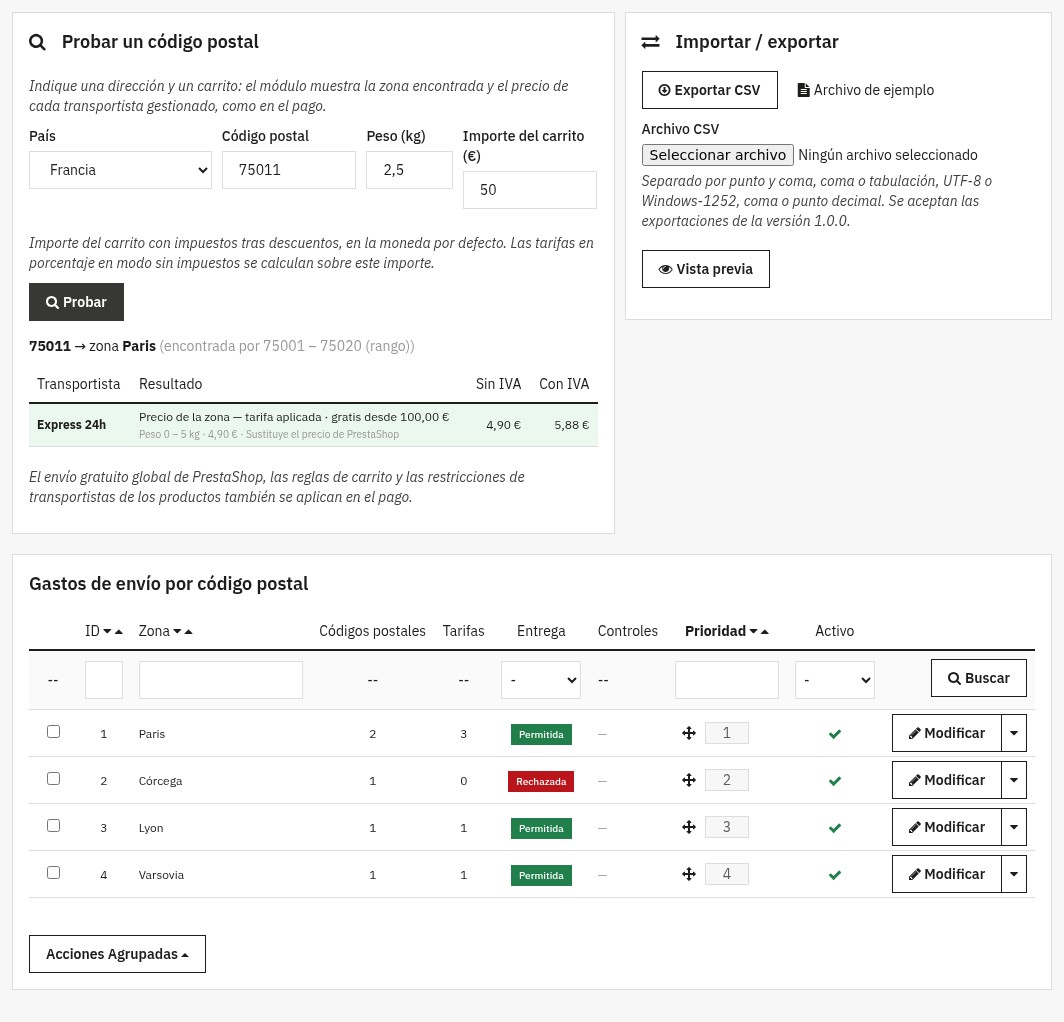 Back office: la prueba encuentra la zona París para 75011 y muestra el precio sin y con impuestos, junto a la importación CSV y la lista de zonas
