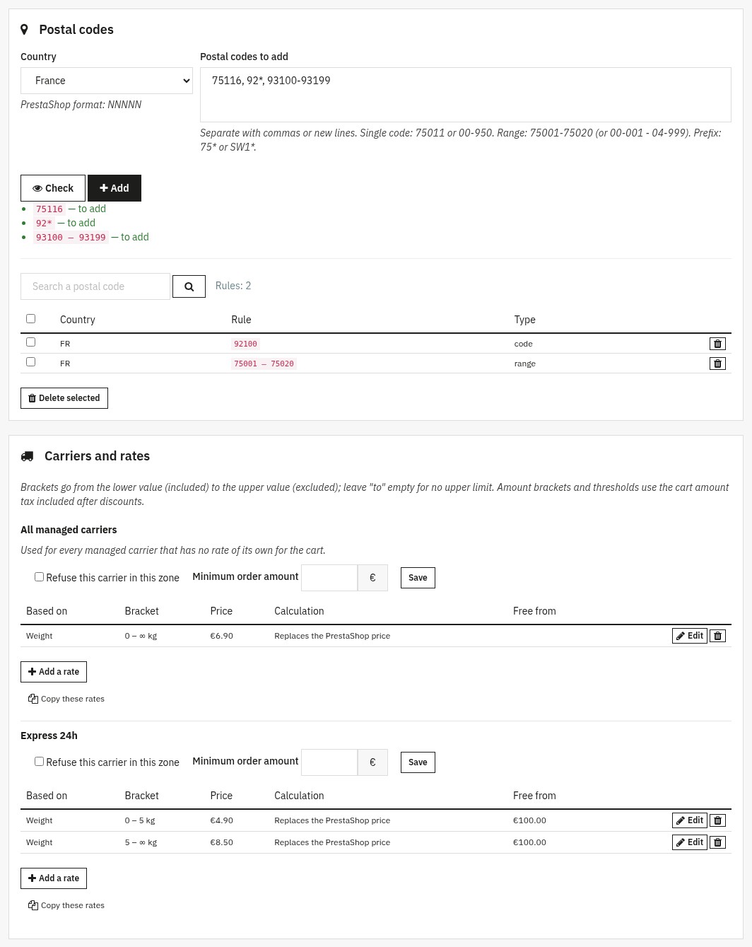 Zone editor: adding a code, a prefix and a range with a check, then weight rates for each carrier