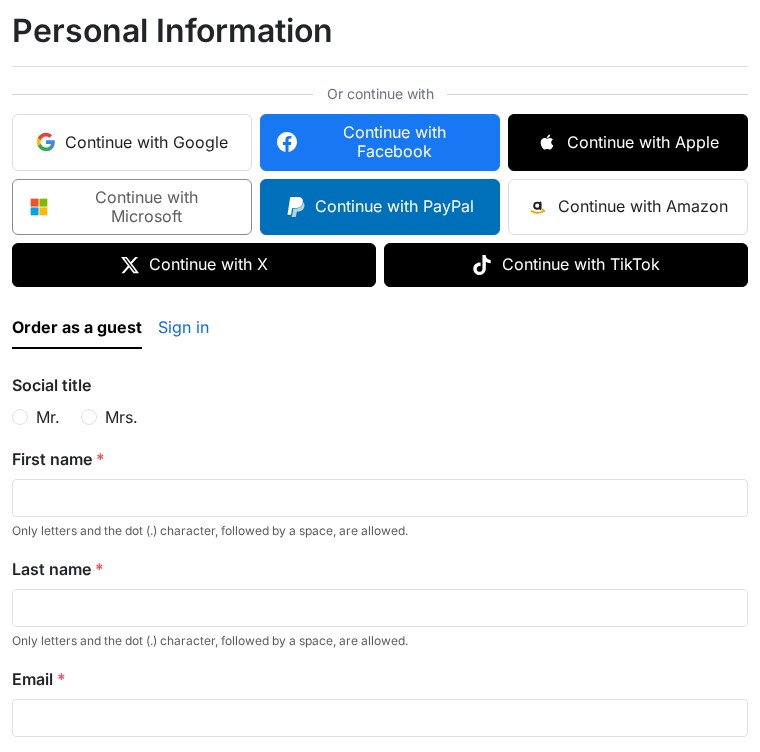 Personal information step of the checkout: "Or continue with" block and social sign-in buttons above the guest or sign-in choice