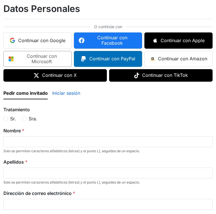 Paso de datos personales del pedido: bloque «O continúe con» y botones de acceso social sobre la opción de invitado o inicio de sesión