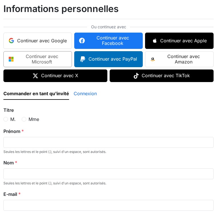 Étape des informations personnelles de la commande : bloc « Ou continuez avec » et boutons de connexion sociale au-dessus du choix invité ou connexion