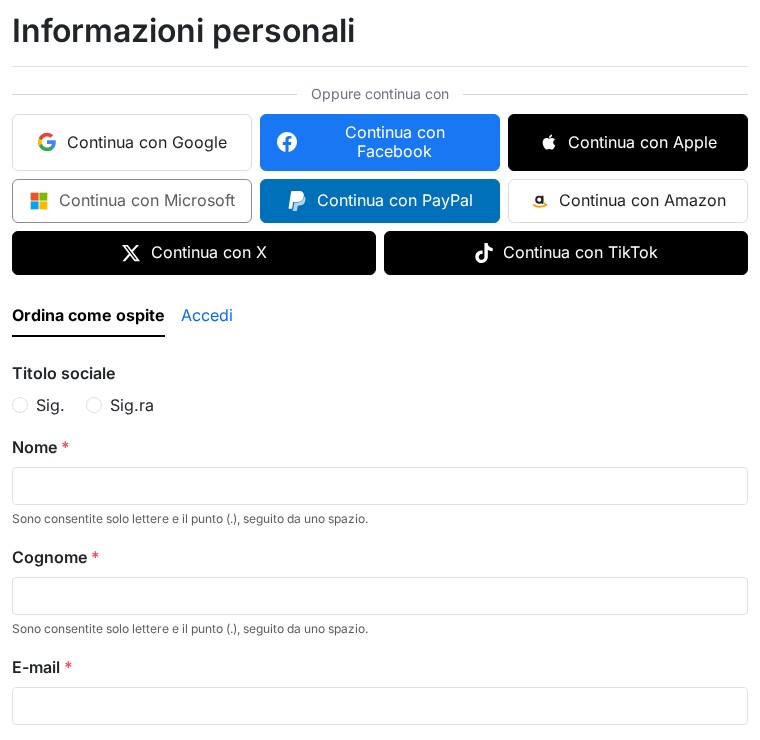 Passaggio delle informazioni personali dell’ordine: blocco «Oppure continua con» e pulsanti di accesso social sopra la scelta ospite o accesso