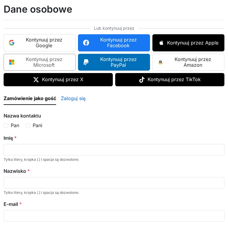 Krok danych osobowych zamówienia: blok „Lub kontynuuj przez” i przyciski logowania społecznościowego nad wyborem zamówienia jako gość lub logowania