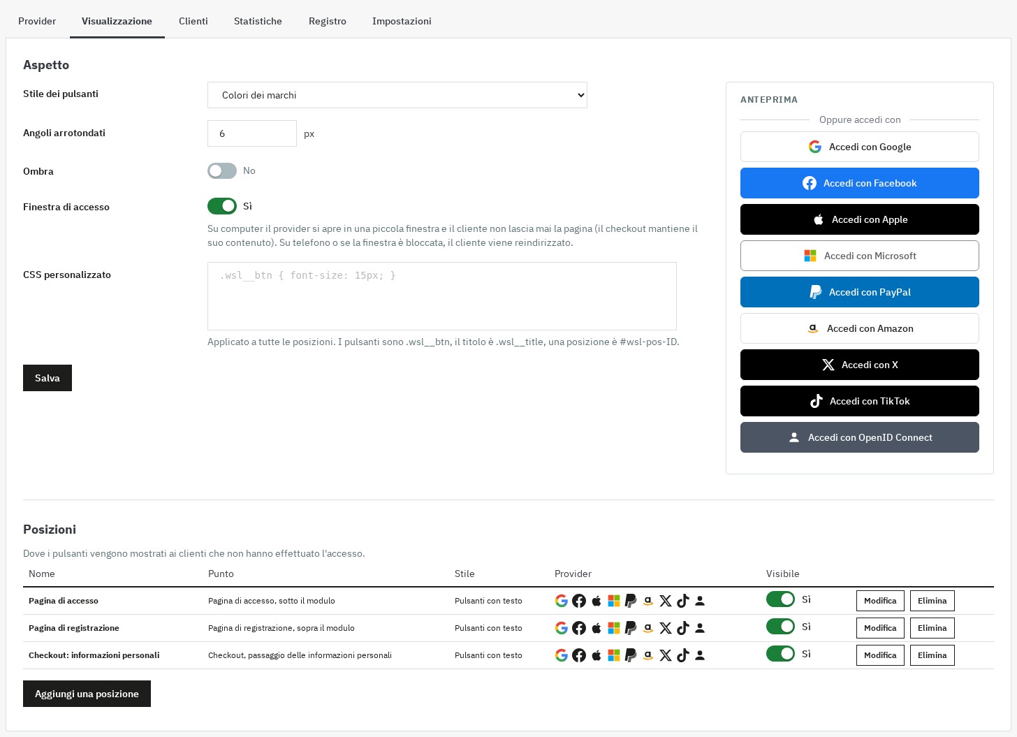 Pagina Visualizzazione: stile dei pulsanti con anteprima in tempo reale, finestra di accesso, CSS personalizzato e tabella delle posizioni (accesso, registrazione, ordine)