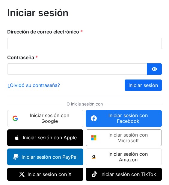 Página de inicio de sesión de una tienda PrestaShop: formulario de correo y contraseña y ocho botones «Iniciar sesión con» (Google, Facebook, Apple, Microsoft, PayPal, Amazon, X, TikTok)