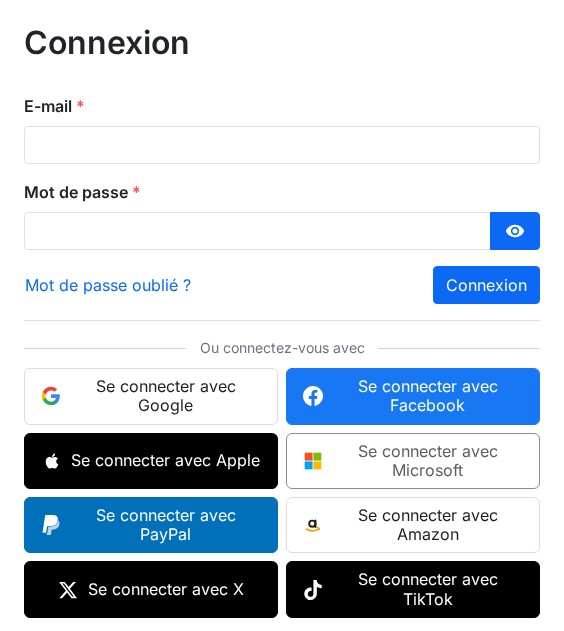 Page de connexion d'une boutique PrestaShop : formulaire e-mail et mot de passe, puis huit boutons « Se connecter avec » (Google, Facebook, Apple, Microsoft, PayPal, Amazon, X, TikTok)