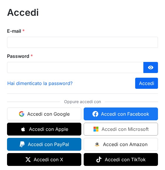 Pagina di accesso di un negozio PrestaShop: modulo e-mail e password, poi otto pulsanti «Accedi con» (Google, Facebook, Apple, Microsoft, PayPal, Amazon, X, TikTok)