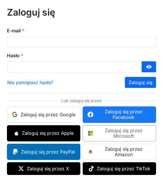 Strona logowania sklepu PrestaShop: formularz e-mail i hasło, potem osiem przycisków „Zaloguj się przez” (Google, Facebook, Apple, Microsoft, PayPal, Amazon, X, TikTok)