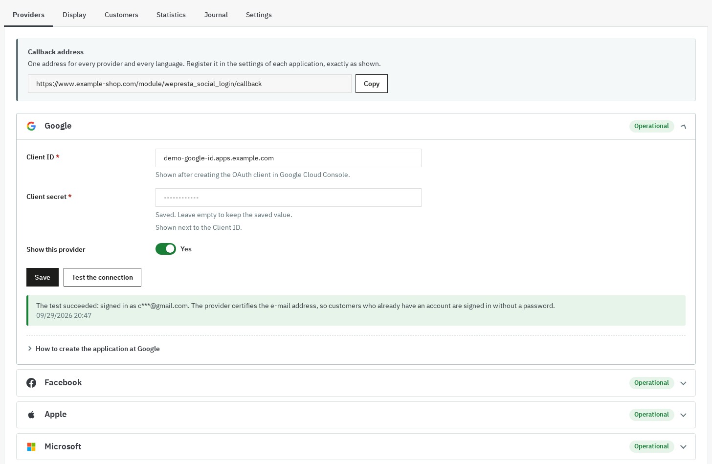Configuration page: single callback address to copy, Google card with saved credentials, Test the connection button and its result, other providers operational