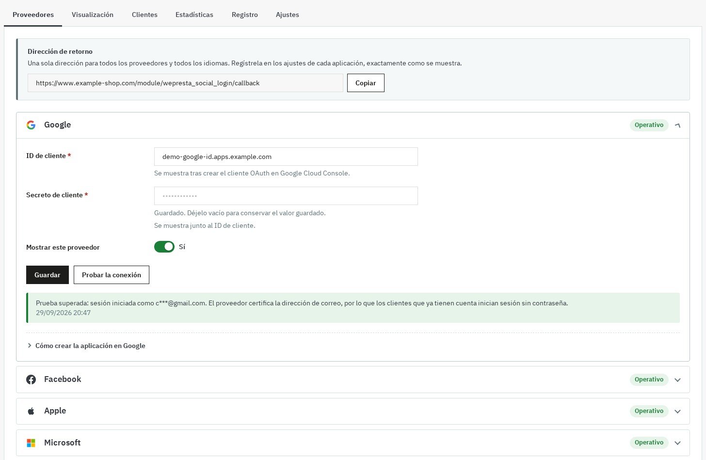 Página de configuración: dirección de retorno única para copiar, ficha de Google con credenciales guardadas, botón Probar la conexión y su resultado, otros proveedores operativos