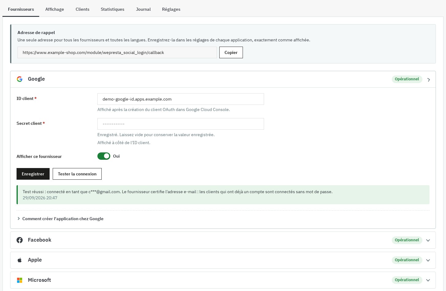 Page de configuration : adresse de rappel unique à copier, carte Google avec identifiants enregistrés, bouton Tester la connexion et résultat du test, autres fournisseurs opérationnels