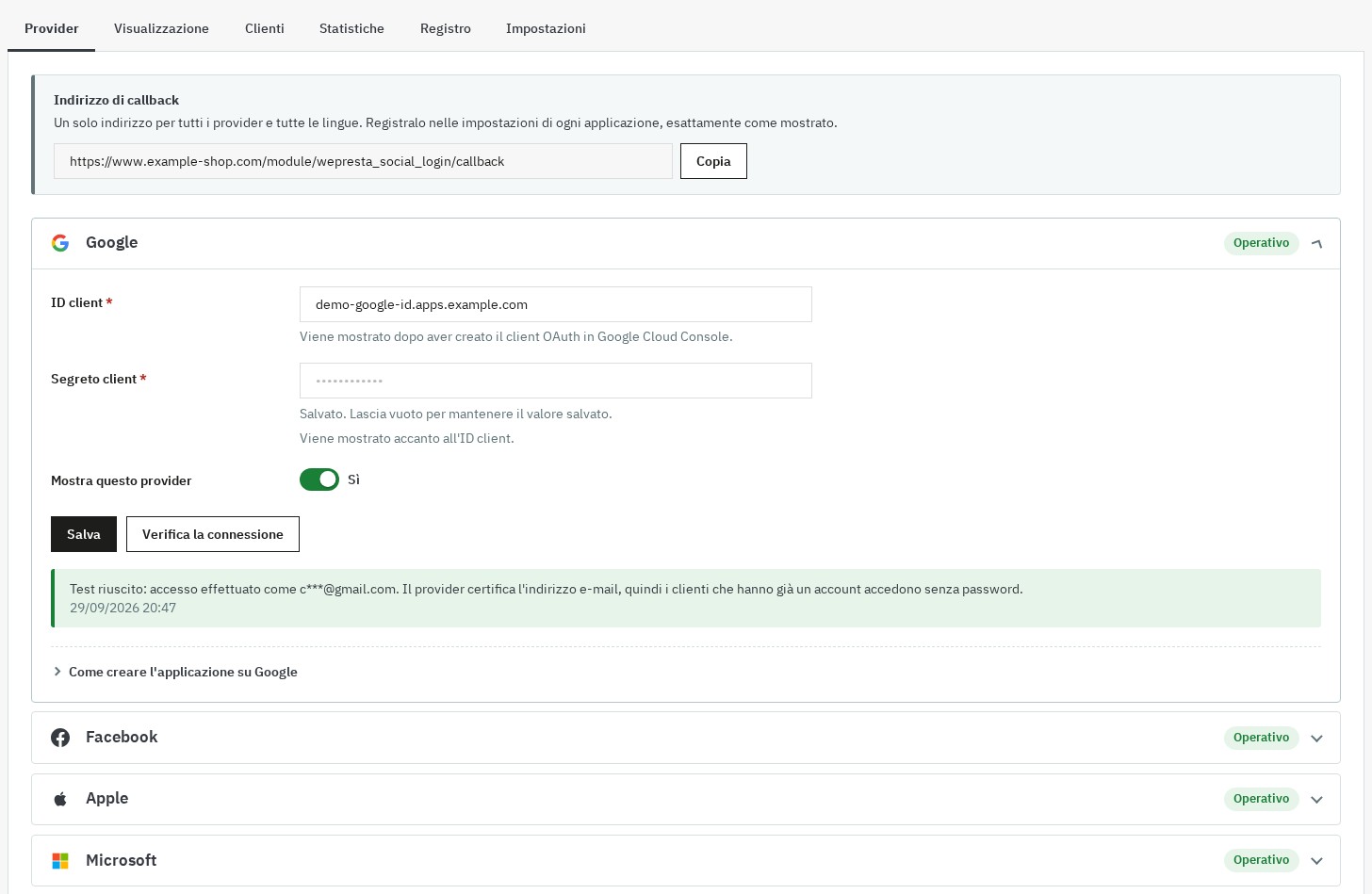 Pagina di configurazione: indirizzo di callback unico da copiare, scheda Google con credenziali salvate, pulsante Verifica la connessione e il suo risultato, altri provider operativi