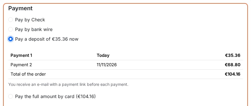 Payment step with the deposit option, its schedule and the option to pay the full amount