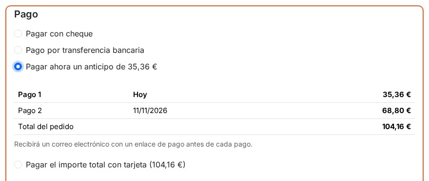 Paso del pago con la opción de anticipo, su calendario y la opción de pagar el importe total