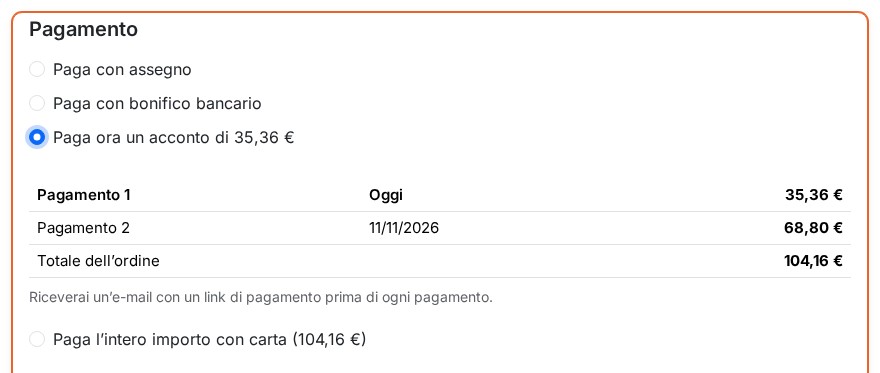 Passaggio del pagamento con l’opzione dell’acconto, il suo piano e l’opzione di pagare l’intero importo