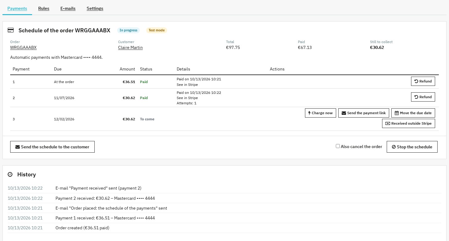 Schedule of an order with its three payments, the available actions and the history