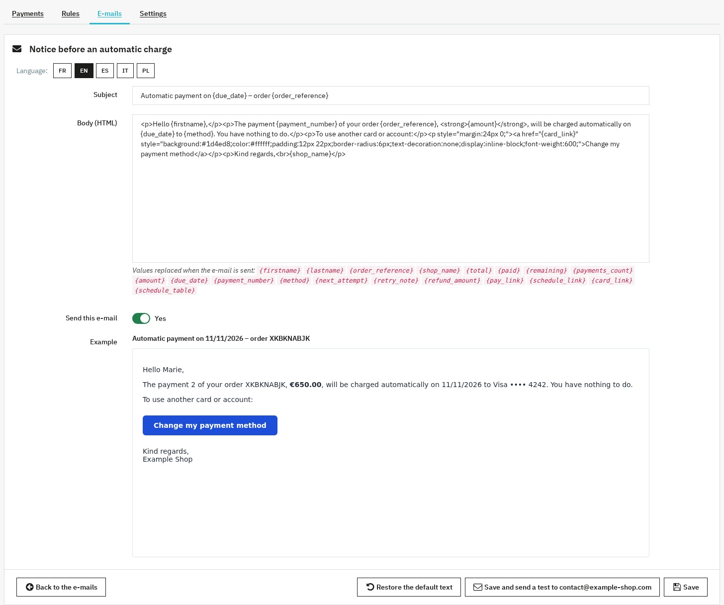 Editing the notice sent before an automatic charge, with its variables and preview