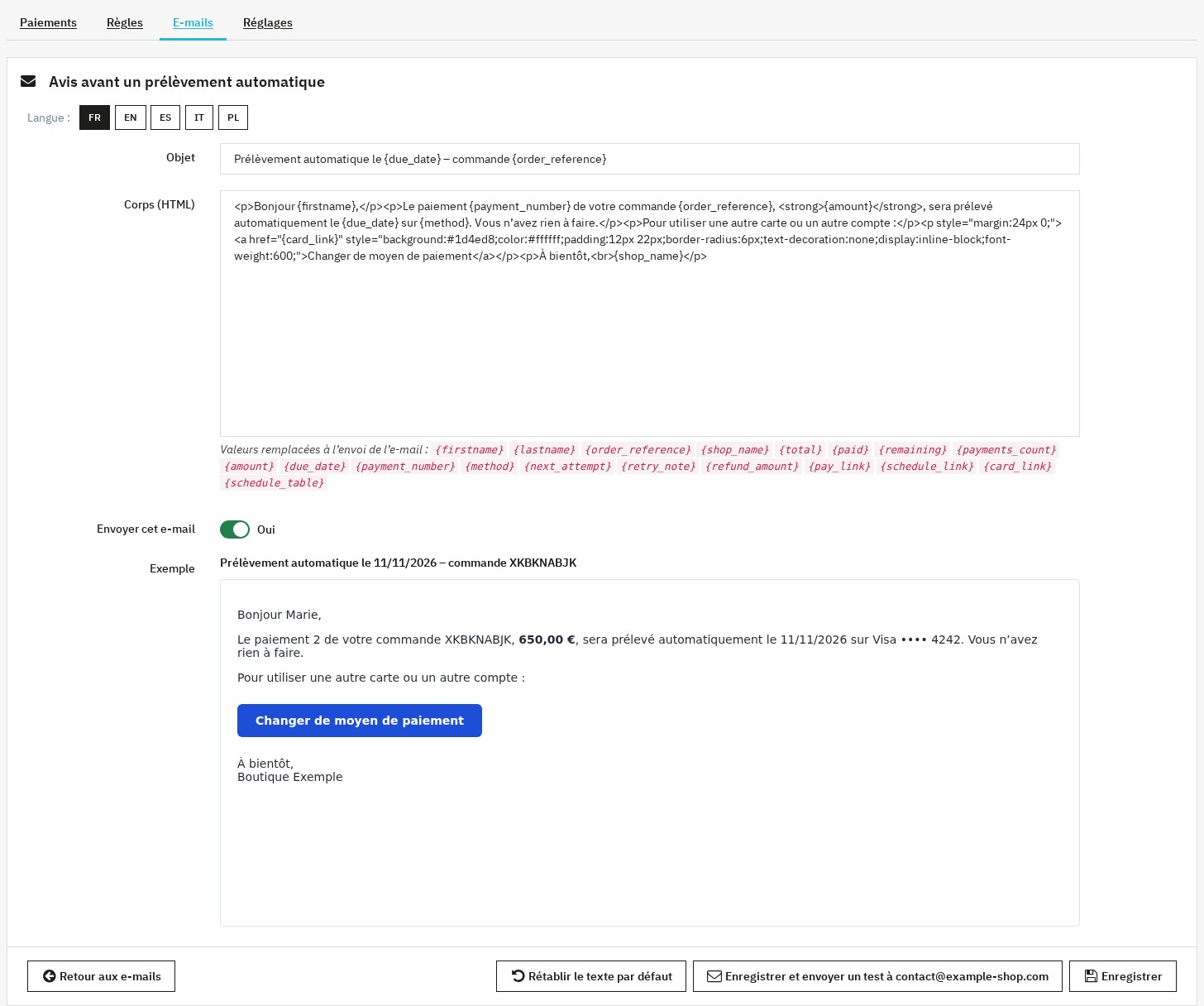 Modification de l’e-mail d’avis avant un prélèvement automatique, avec ses variables et son aperçu