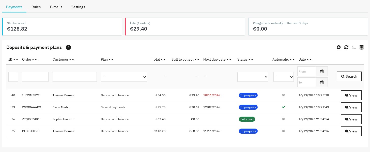 List of deposits and payment plans with their indicators, filters and statuses