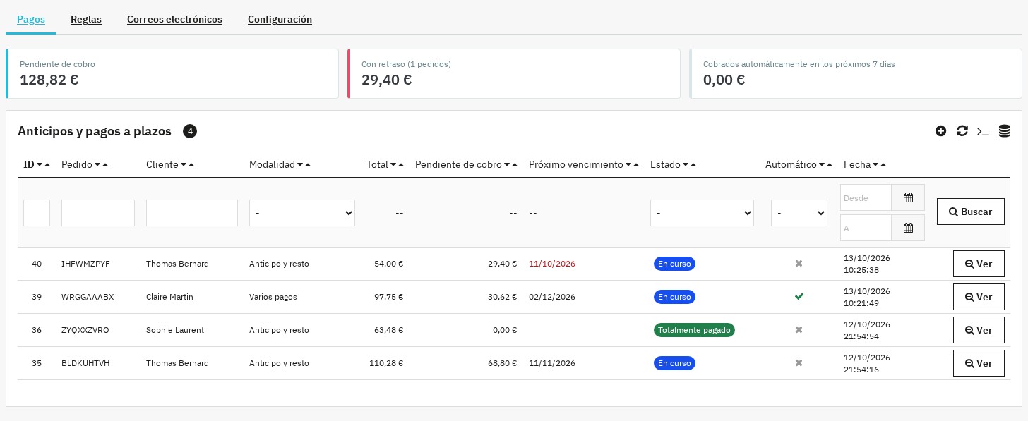 Lista de anticipos y pagos a plazos con sus indicadores, filtros y estados