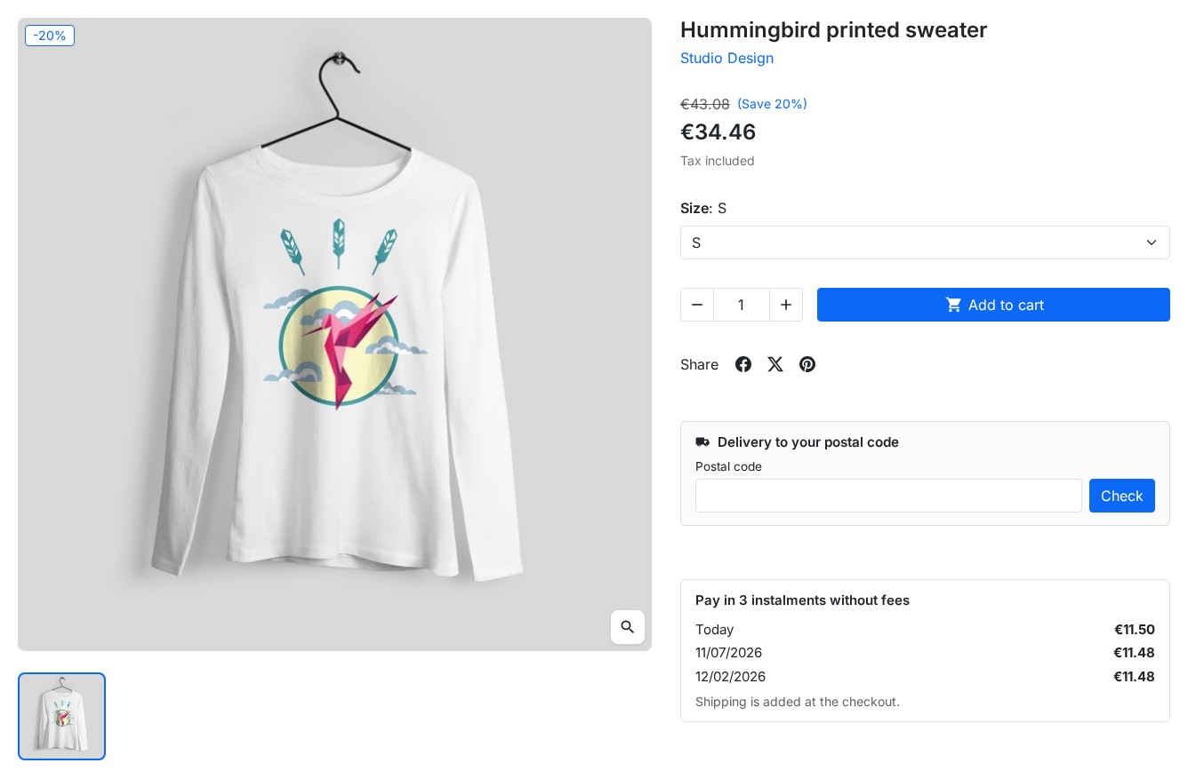 Product page with the “Pay in 3 instalments without fees” block and its three payments