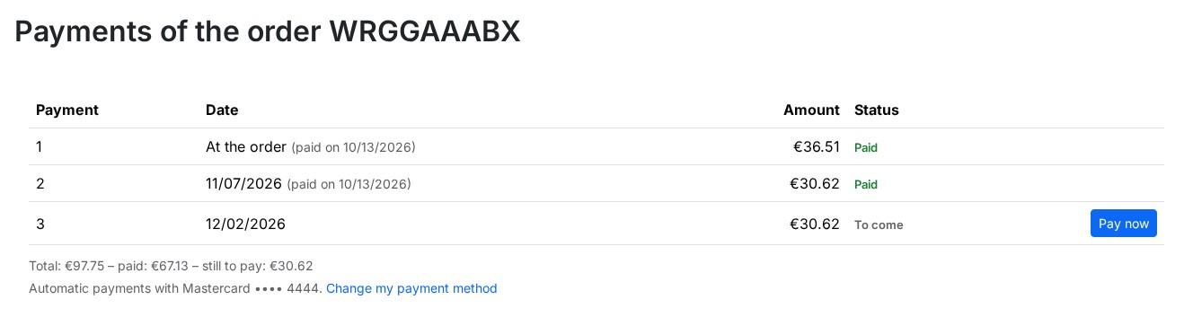 Payments page of an order in three instalments with two payments made and a Pay now button