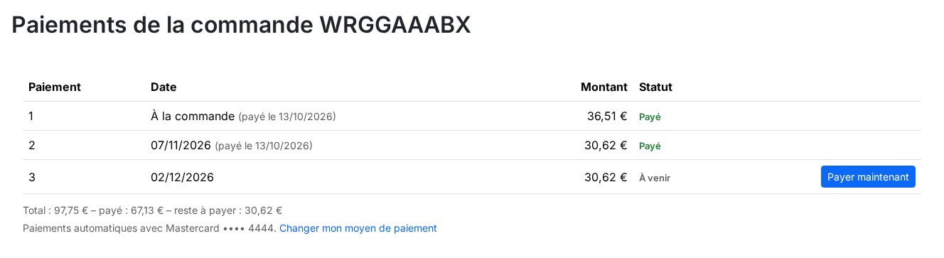 Page des paiements d’une commande en trois fois avec deux paiements réglés et un bouton Payer maintenant