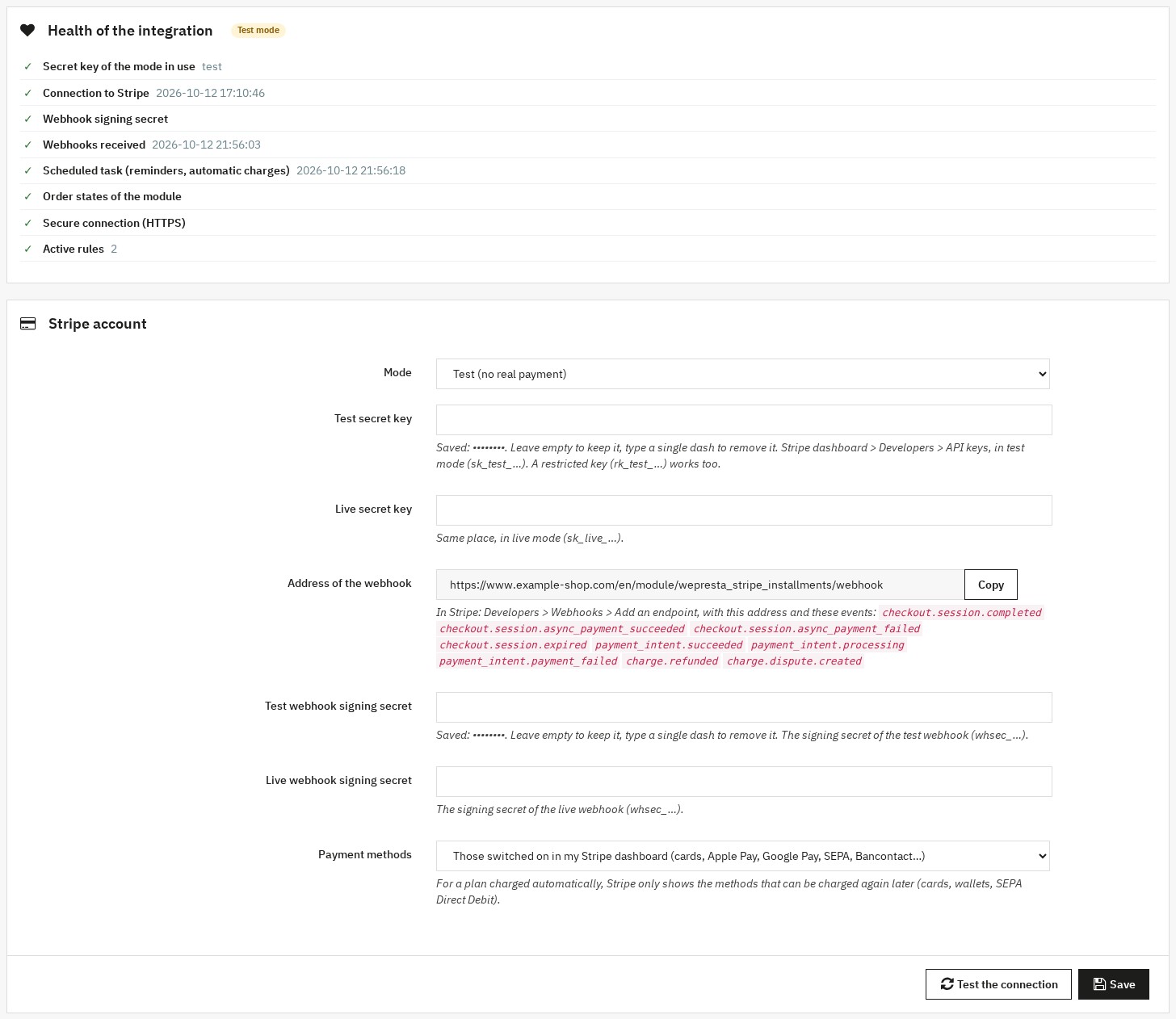Stripe integration status panel and Stripe account settings