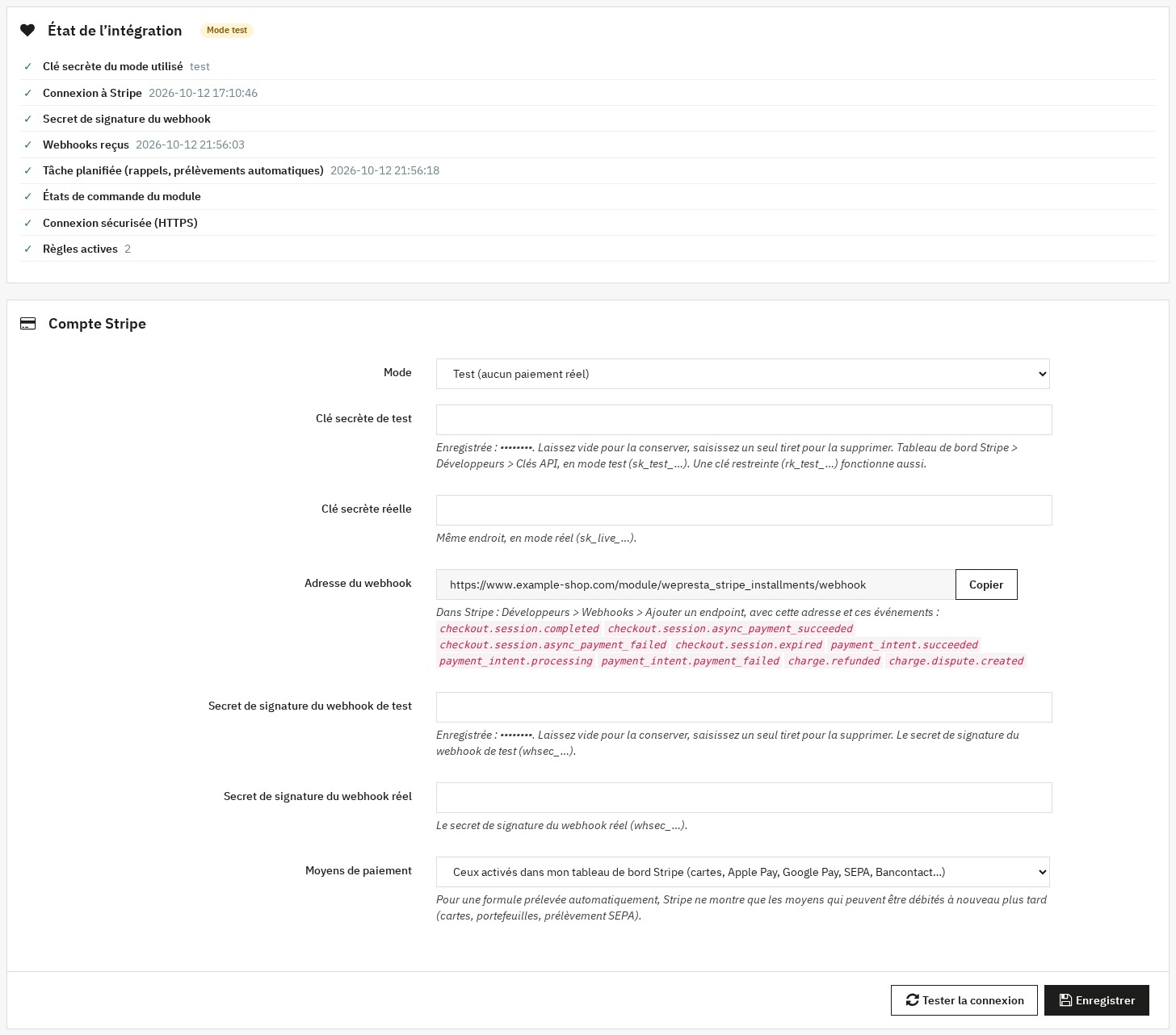 Panneau d’état de l’intégration Stripe et réglages du compte Stripe