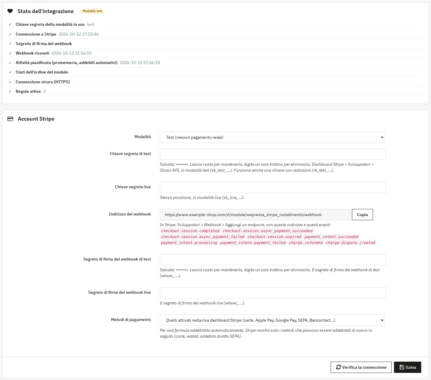 Pannello dello stato dell’integrazione con Stripe e impostazioni dell’account Stripe