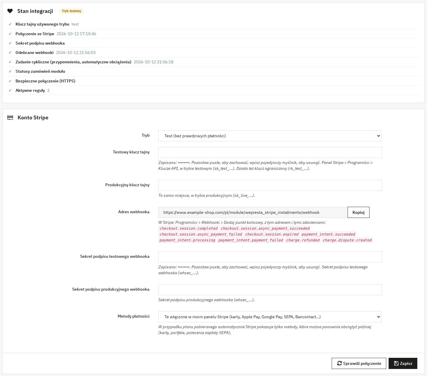 Panel stanu integracji ze Stripe i ustawienia konta Stripe